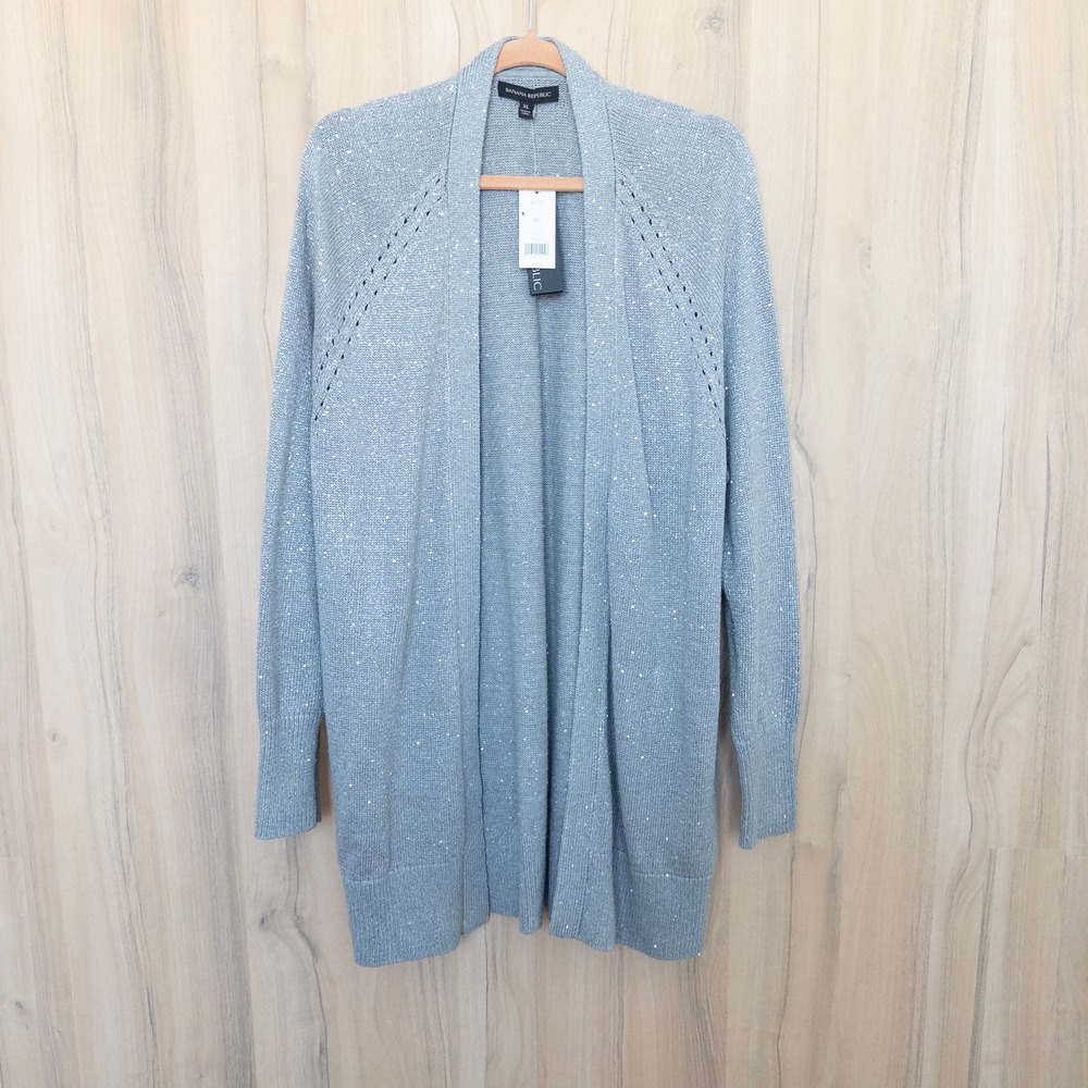 Banana Republic Women Cardigan XL Gray Silver Sequin Open Front Longline Sparkle